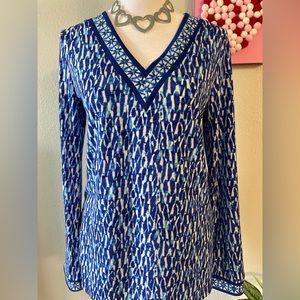 Michael Kors Women’s Blue Tye Dye V Neck Geometric Long Sleeve Blouse -SZ XS
